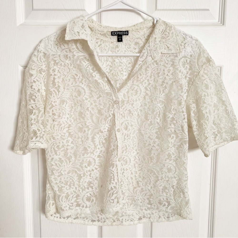 Express Cream Lace Button-Up Short Sleeve Blouse
